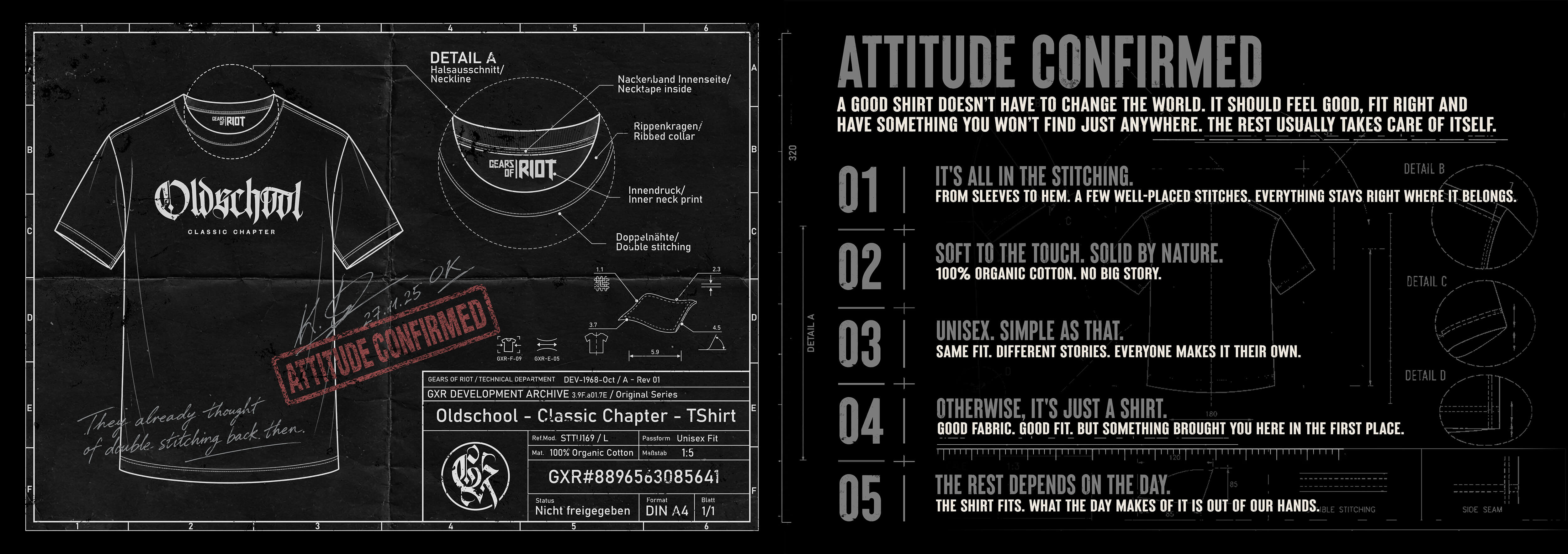 Gears of Riot Originals T-shirt technical drawing and collection information